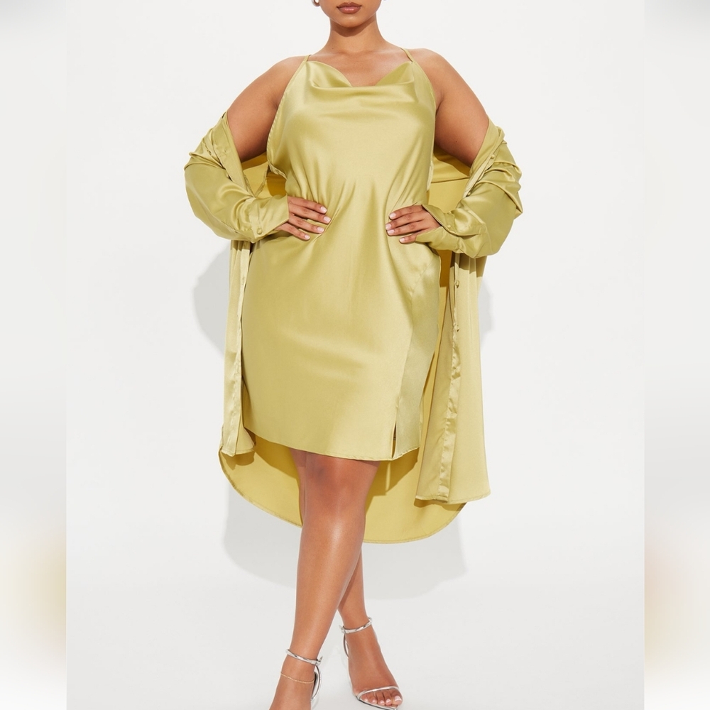 Chartreuse Satin Dress Set